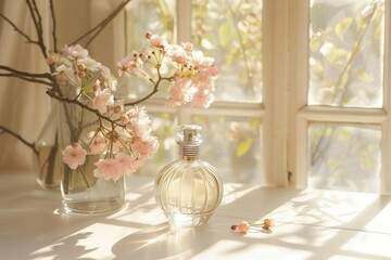 luxurious white perfume bottle and pink flowers on sunlit table elegant still life