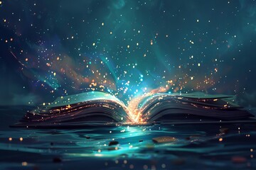 magical open book with sparkles fantasy literature concept digital painting