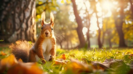 Naklejka na ściany i meble Curious Squirrel Explores Nature Standing Proudly in Green Grass by a Majestic Tree