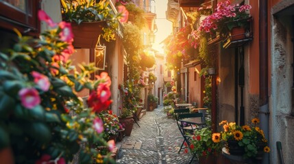 Vicolo fiorito al tramonto. Ristorante italiano, circondato da vasi di fiori colorati - obrazy, fototapety, plakaty