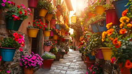 Vicolo circondato da vasi di fiori colorati al tramonto - obrazy, fototapety, plakaty