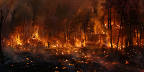 Burning village in the evening burning forest background - Ai Generated
