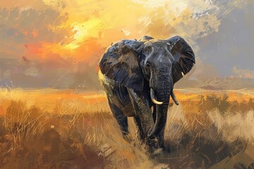majestic african elephant striding across vast savanna plains at sunset digital painting