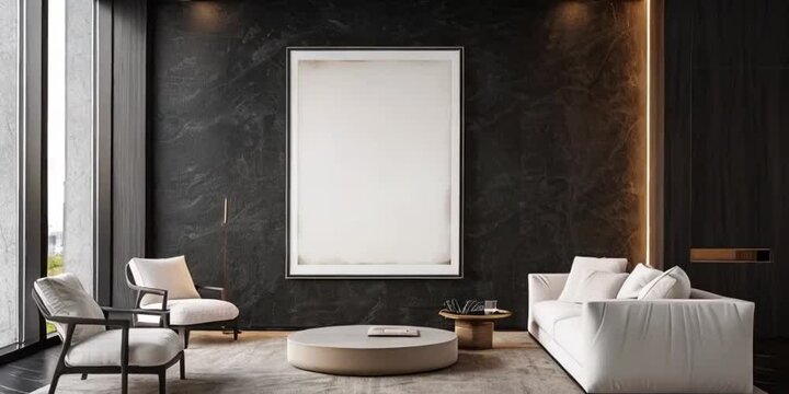 Video mockup of black vertical canvas or picture frame for big poster in white minimalistic monochrome interior. Empty room for exhibition.