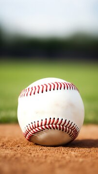 Detailed closeup of a new baseball on the pitchers mound, emphasizing the texture and stitches of the ball, with the field in soft focus background