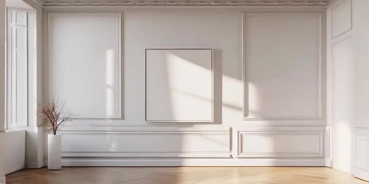 Video mockup of black canvas or picture frame for small poster in shelf in white minimalistic interior.