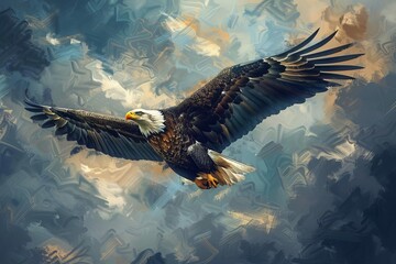 majestic eagle soaring in the sky calling out with beak pointed upward digital painting - obrazy, fototapety, plakaty