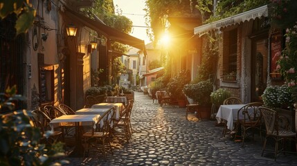 Tipico ristorante italiano nel vicolo storico al tramonto - 789547418