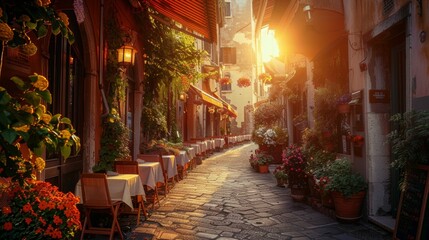 Tipico ristorante italiano nel vicolo storico al tramonto - 789547460