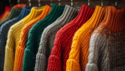 A colorful collection of knit sweaters hangs on a rack, showcasing a variety of patterns and warm tones.