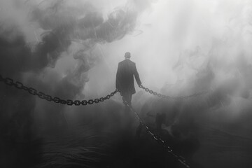 Amidst the swirling mist, the outline of a tycoon wrestles with a chain bound to a treasure trove