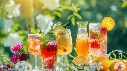 Set di cocktail estivi colorati disposti su un tavolo all'aperto con fiori freschi. Ideale per promuovere feste ed eventi estivi. - 789548092