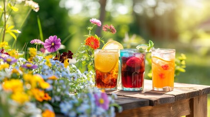 Set di cocktail estivi colorati disposti su un tavolo all'aperto con fiori freschi. Ideale per promuovere feste ed eventi estivi. - 789548201