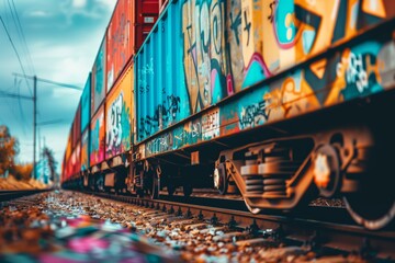 Naklejka premium Colorful graffiti on the side of freight train carts