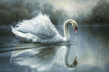 majestic white swan posing on serene lake realistic oil painting