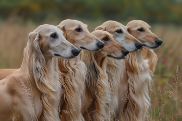 Five greyhounds, posing