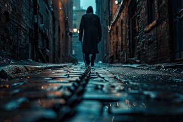 In the dimly lit alley, the silhouette of a determined entrepreneur emerges, dragging a chain tethered to a vault of assets, each link symbolizing a challenge overcome. - obrazy, fototapety, plakaty