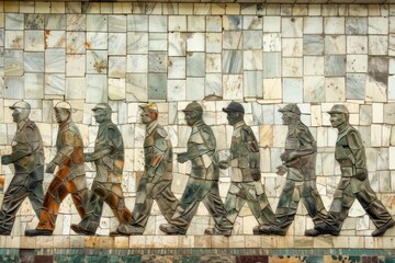 The image captures the essence of labor, with workers depicted in shades of gray against a backdrop of ceramic tiles, symbolizing the enduring nature of industry.