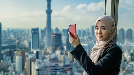 City Selfie: Smiling Asian Woman in Hijab Takes Photo with Skyline Background (Tokio city)