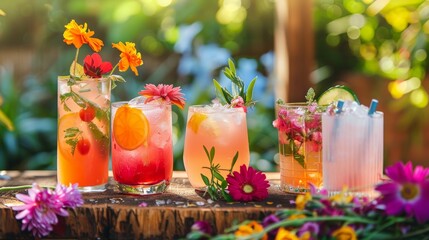 Un assortimento di cocktail estivi dai colori vivaci, presentati su un tavolo all'aperto adornato con fiori freschi, perfetto per promuovere feste ed eventi estivi. - 789548601