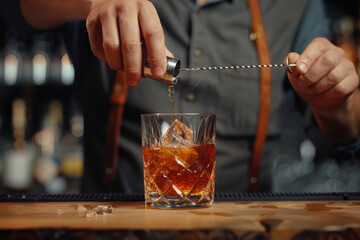 L'elegante barista prepara un cocktail artigianale con maestria, dimostrando la sua abilità nel dosare gli ingredienti con precisione. - obrazy, fototapety, plakaty