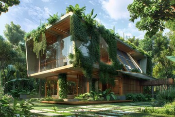 Casa ecosostenibile. Concetto legato alla sostenibilità in architettura, come l'uso di energie rinnovabili e materiali ecologici