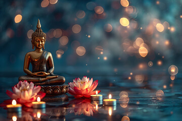 Buddha statue in meditation. Concept Vesak day Buddhist lent, Buddha birthday. Banner with copy space