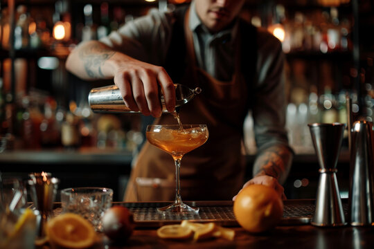 L'elegante barista prepara un cocktail artigianale con maestria, dimostrando la sua abilit&agrave; nel dosare gli ingredienti con precisione.