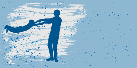 Silhouette of father circling his son on blue background with splashes.  Father's Day. Vector illustration