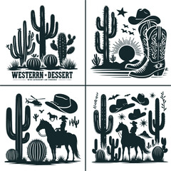 Obraz premium Western Desert Cactus Vector , Cowboy and Cowgirl Vector , Horse Vector 