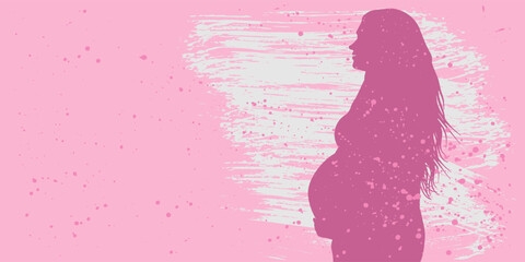 Mother's day. Silhouette of pregnant woman on pink background with splashes, copy space. Vector illustration.