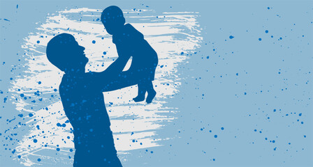 Father's day. Silhouette of happy man holding child in his arms on blue background with splashes, copy space. Vector illustration.