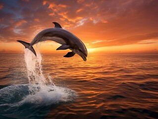 Dolphin jumping out of the sea at sunset.