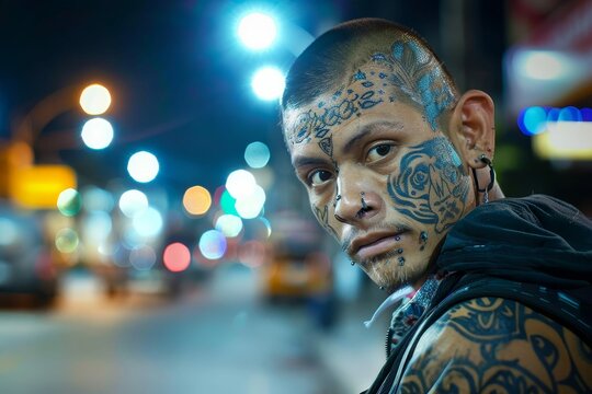 mexican youth gang member portrait with face tattoos city night lights