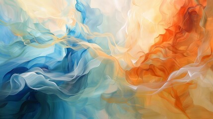 the captivating interplay of color and form as abstract waves of orange, blanc, and blue come to life on the canvas, their dynamic energy and graceful movement 