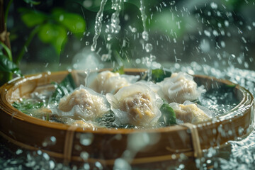 Crystal Dimsum Under Water Pour: Dumplings, Splashing, Food, Action, Motion"
Keywords