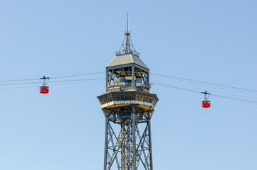 Port Vell Aerial Tramway, Barcelona, Spain. The Tramway crosses Port Vell, Barcelona's old harbour, connecting the Montjuic hill with the seaside suburb of Barceloneta