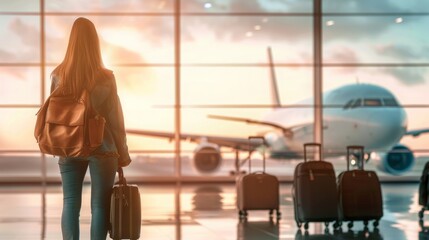 student woman at the airport is waiting for a plane, a travel ticket and documents for immigration, flight schedule. Travel, vacation, journey, trip