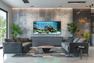 modern living room with aquarium and video conference setup interior 3d rendering - obrazy, fototapety, plakaty