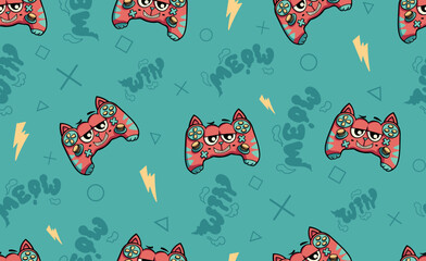 Monster gamepad seamless pattern with text MEOW. Cartoon kitten joystick repeat print. Game pad ornament on blue background with lightnings