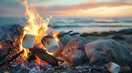 two golden marshmallows roasting on a beach bonfire. Dive into the campfire sweetness.