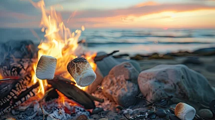 Foto op Canvas two golden marshmallows roasting on a beach bonfire. Dive into the campfire sweetness. © pvl0707