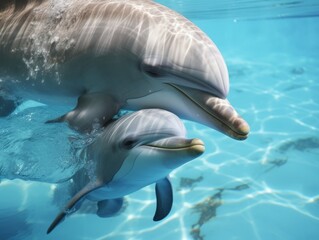Fototapeta premium Mother and cute newborn baby dolphin,close up