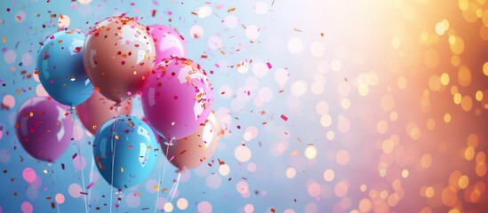 3D balloons with confetti and bokeh, and place to put greetings - obrazy, fototapety, plakaty