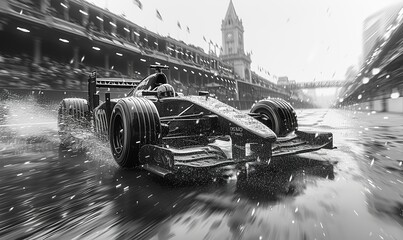 formula 1 race car driving through the rain. Black and white image.