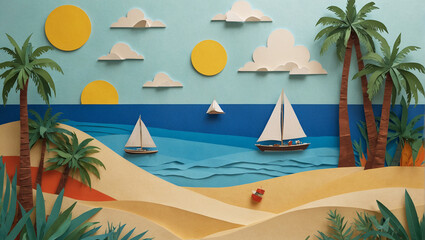 Colorful paper art collage of beach with palms, blue water, sun, sailboats