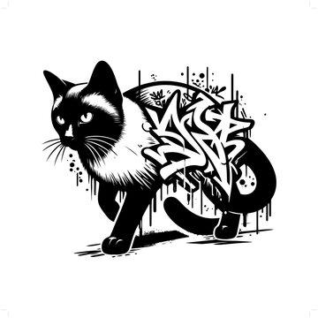 siamese cat silhouette, animal graffiti tag, hip hop, street art typography illustration.