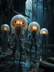 Group of Jellyfish Floating in Water - obrazy, fototapety, plakaty