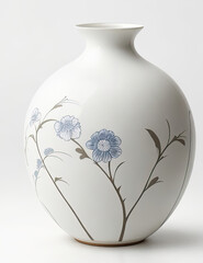 Japanese ceramic vase with floral pattern on the white background. Interior decor.