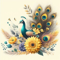 illsutration of Watercolor style illustration for birds with peacock feather and yellow flowers. paper art...... - obrazy, fototapety, plakaty